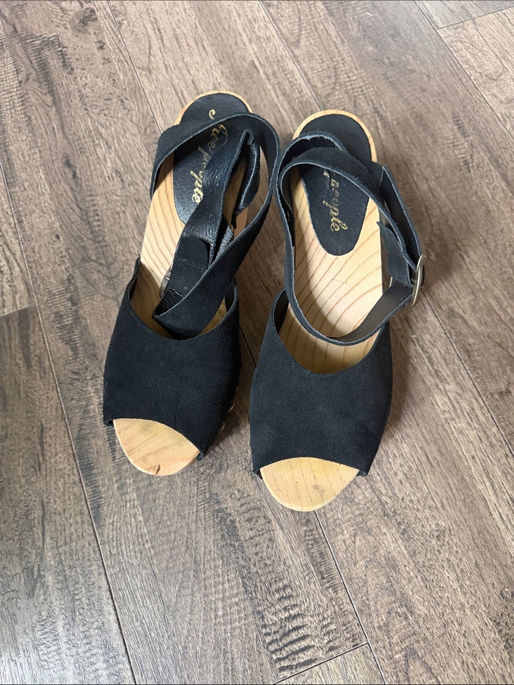 Free People Black Suede Wedge Sandals Wood Platform